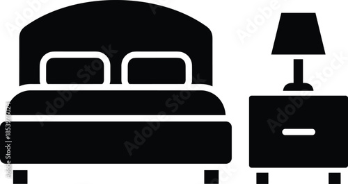 Modern minimalist bedroom furniture silhouette vector icon featuring bed and nightstand for interior design home decor and real estate staging.