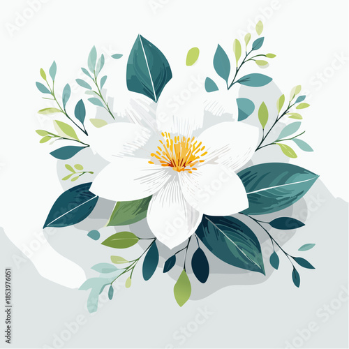 Lush botanical illustration of a pristine white flower with vibrant green leaves, capturing the essence of natural beauty and elegant floral design for decorative projects