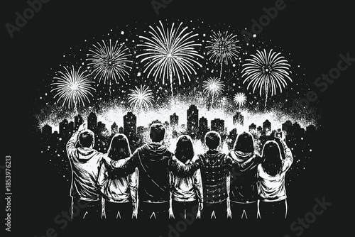 tmospheric Scene of a Group of People Watching Fireworks Over a City Skyline in a Detailed Engraving and Stippling Style Vector Art Illustration.
