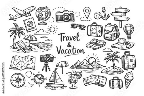 Extensive Travel and Vacation Adventure Icon Collection Featuring Detailed Hand Drawn Doodle Style Vector Illustrations for Tourism and Holiday Planning.
