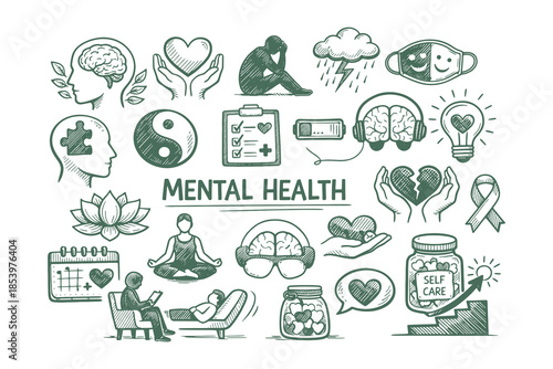 Mental Health Awareness Line Art Icon Set Illustrating Mindfulness Practices, Emotional Balance, and Psychological Wellbeing Concepts in Hand Drawn Vector Illustration