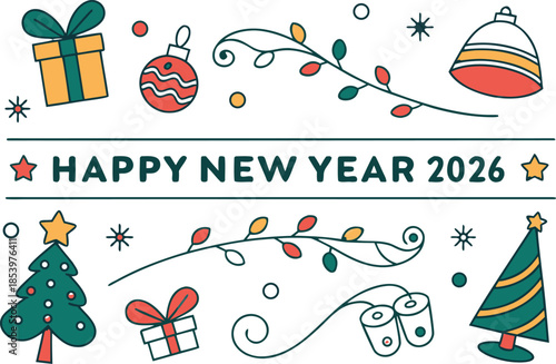 Happy New Year 2026 text with festive holiday elements celebration christmas