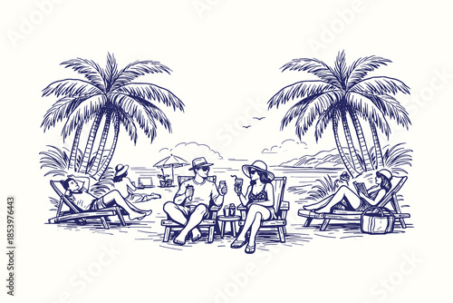 Tropical Beach Vacation Scene Line Art Illustration with Palm Trees, Relaxing People, and Summer Holiday Atmosphere in Hand Drawn Vector Style