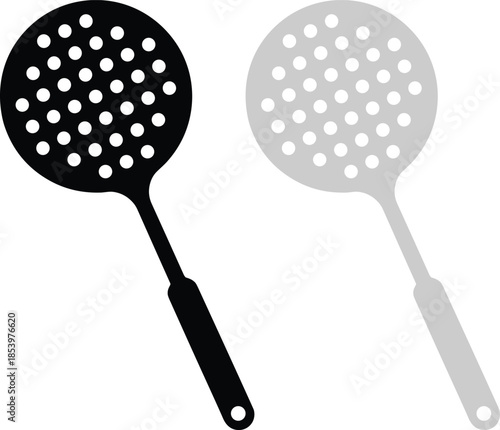 Modern minimalist skimmer slotted spoon vector icon for kitchen utensil retail home cooking culinary blog and professional restaurant equipment graphic elements.