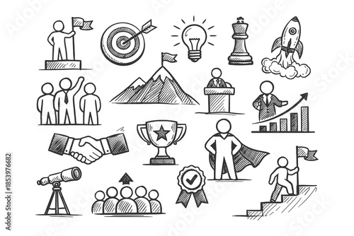 Leadership and Team Management Line Art Icon Set Showing Vision, Decision Making, Strategy, and Business Growth Concepts in Hand Drawn Vector Illustration