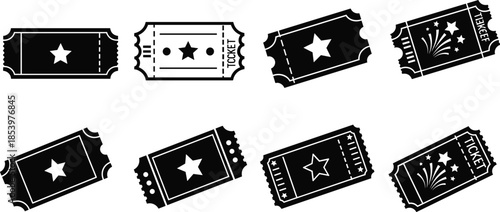 Cinema event ticket icon set featuring vintage admission stubs, star symbols, perforated edges, monochrome vector illustration collection