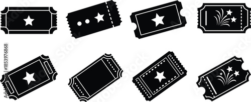 Vintage cinema ticket collection vector set with retro movie coupons stubs silhouettes isolated on white background for entertainment design