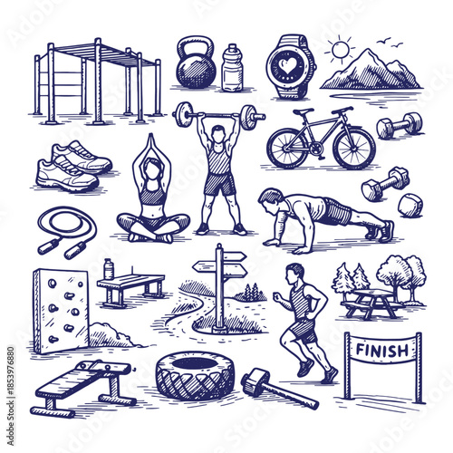 Fitness and Workout Line Art Icon Set Featuring Gym Equipment, Training Exercises, and Healthy Lifestyle Elements in Hand Drawn Vector Illustration