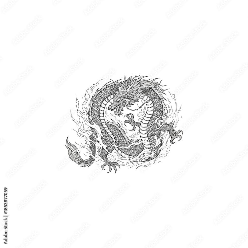 Fototapeta premium Grayscale dragon illustration with stylized form.