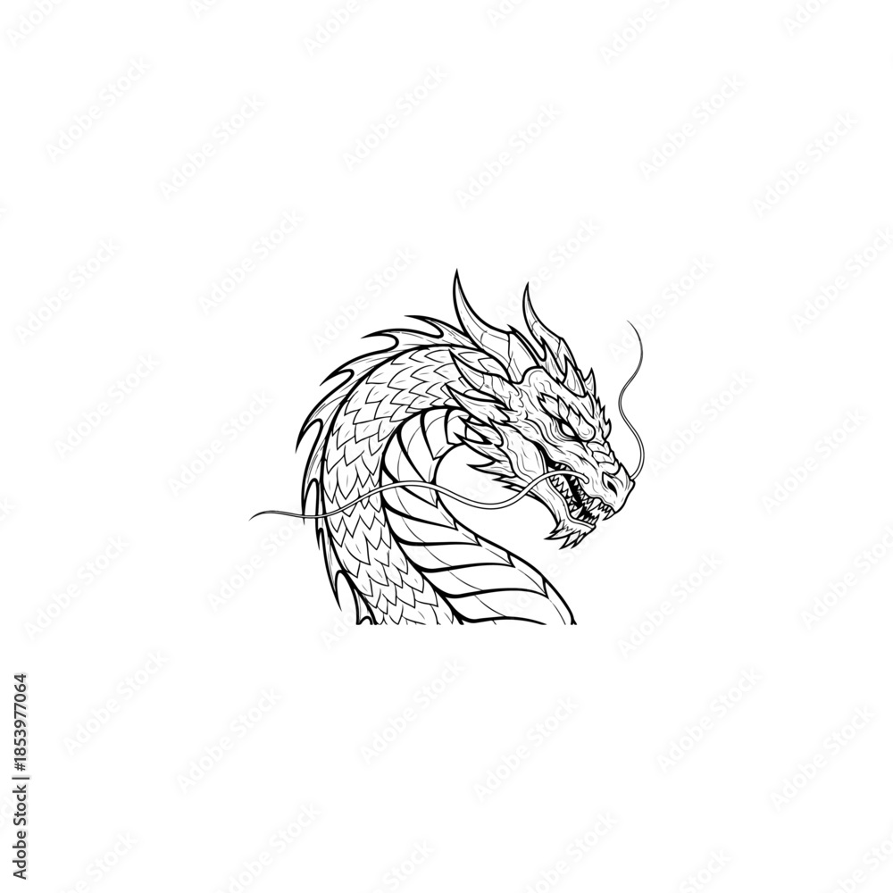 Fototapeta premium Ink Sketch Dragon Head Illustration For Fantasy Theme.