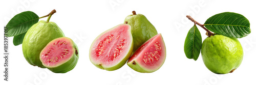 Fresh pink guava fruits and slices with green leaves isolated on a transparent background