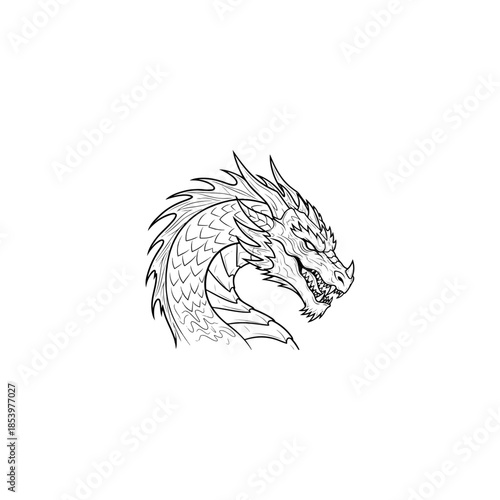 Detailed Line Art Dragon Head Sketch.