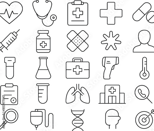 Medical and Healthcare Icons in Outline Style on White Background collection symbol