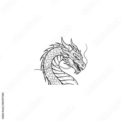 Ink Sketch Dragon Head Illustration For Fantasy Theme.