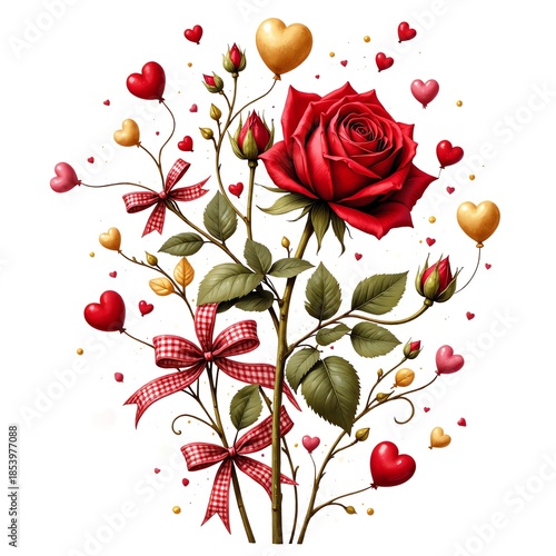 Romantic red rose bouquet with hearts for Valentine’s Day