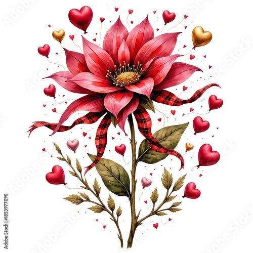 Romantic pink flower with hearts for Valentine’s Day
