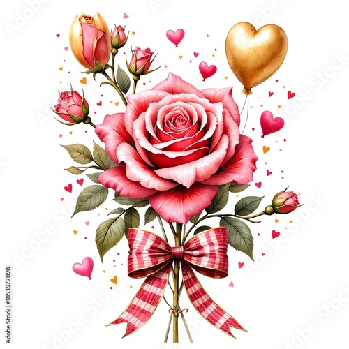 Pink rose bouquet with ribbon and hearts for Valentine’s Day
