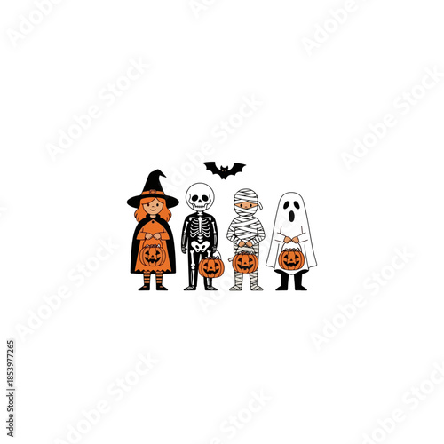 Group Halloween Costumed Characters in Halloween Theme.