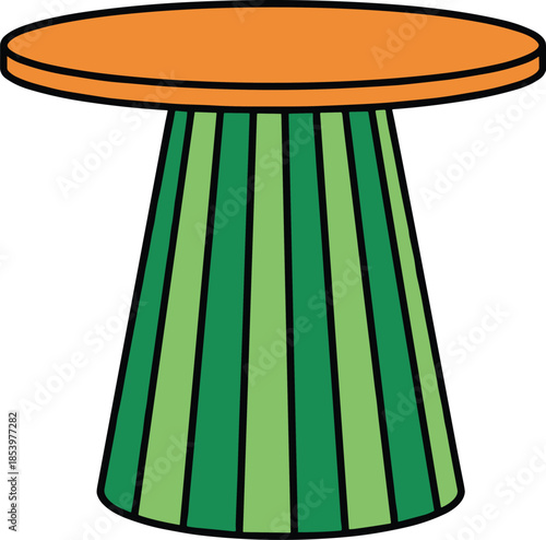 Modern colorful side table vector icon with orange top and green striped pedestal base for interior design furniture retail and home decor.
