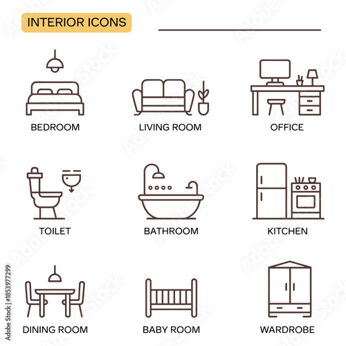 Simple line icons representing various rooms in a house interior, icons, house, rooms, bedroom, living room, office