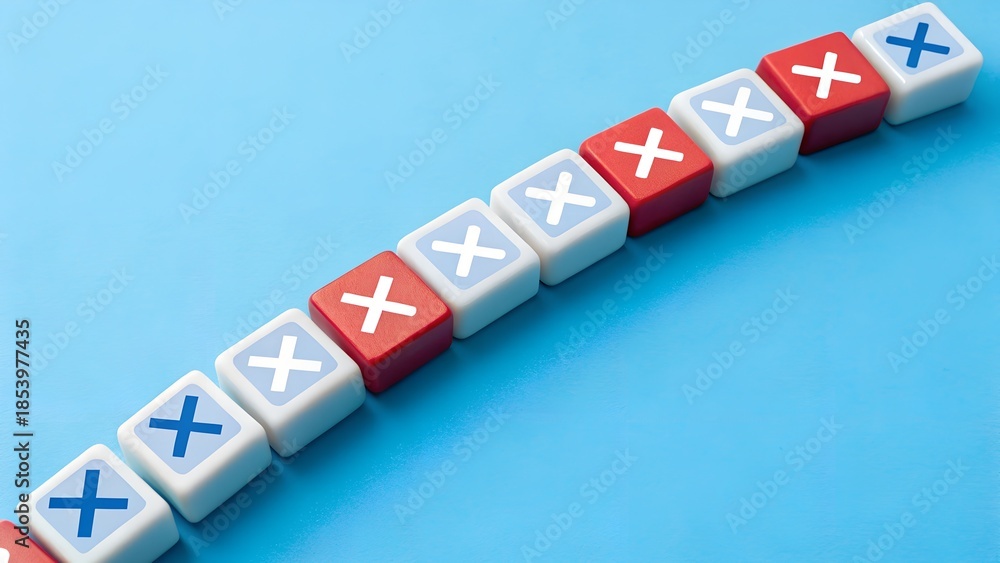 Obraz premium Symbolic Pattern – Abstract Curved Line of X-Marked Blocks in Red and White on Blue Surface, symbolic, pattern, abstract, blocks, X, sequence, contrast, recognition, red, background