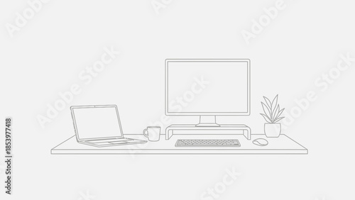 line drawing of computer desktop with laptop computer monitor keyboard mouse and plant on desk