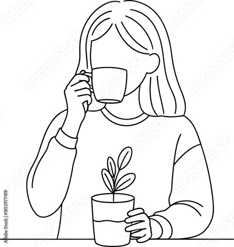 woman holding a plant and drinking from a mug in a simple line drawing