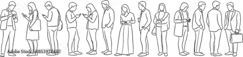 line drawing of people standing and using their smartphones in various business casual outfits