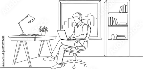 man sitting at desk with laptop and headset in office with city view and bookshelf