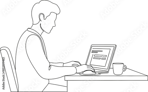 Man sitting at desk working on laptop computer with cup of coffee  office worker using technology