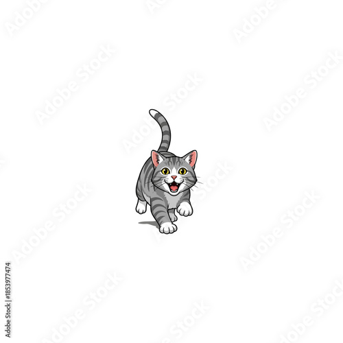 Playful gray cartoon cat walking forward with wagging tail.