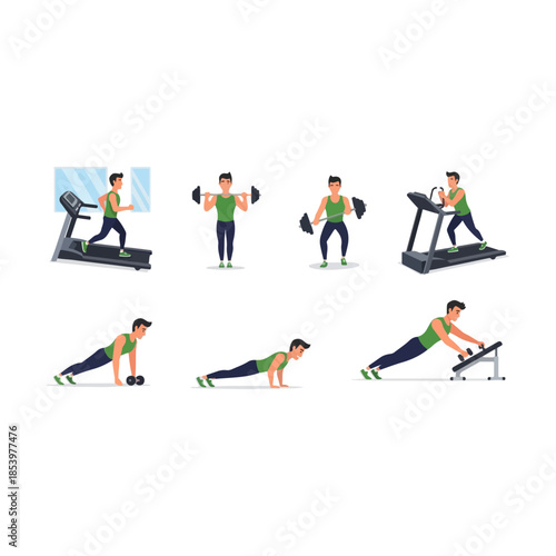 Fitness workout montage showing a person performing multiple exercises.