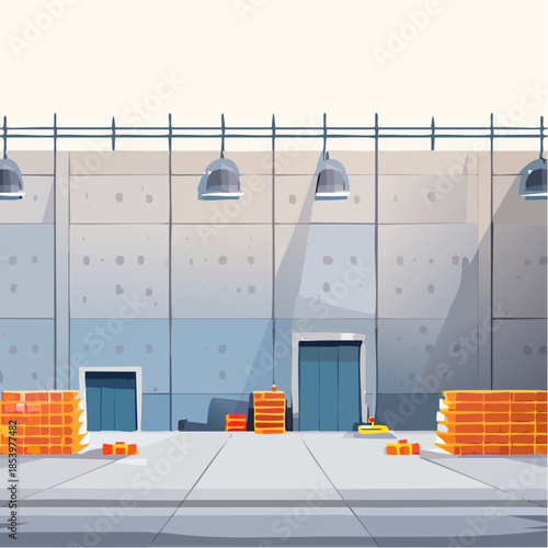 Empty modern industrial warehouse interior with concrete walls, loading docks, and scattered crates, ready for logistics, storage, or distribution operations