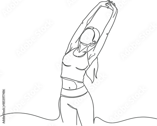 woman in yoga pose with arms raised and back arched in one continuous line drawing