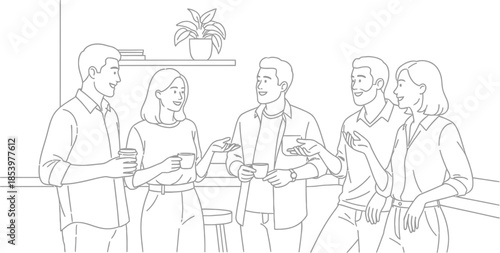 Group of people chatting and drinking coffee together in a relaxed social setting with a plant on a shelf