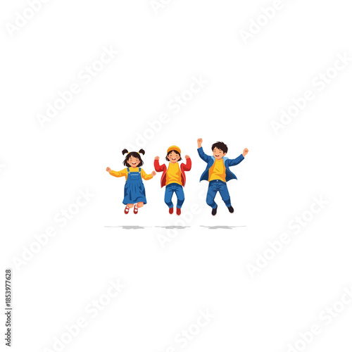 Three cheerful children jump together in celebration.