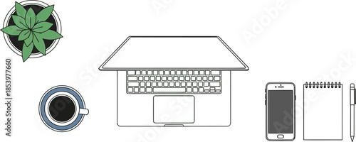 line drawing of office desk with laptop computer and mobile phone and coffee cup and plant