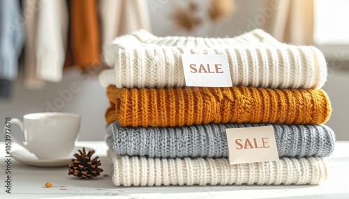 Cozy Knit Sweaters Stacked with Sale Tags and Cup