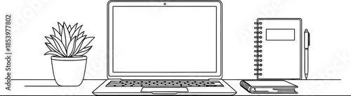 line drawing of office desk with laptop computer plant notebook and pen for business or education use