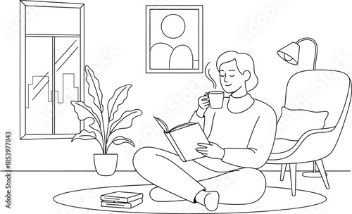 Woman sitting on floor with book and coffee in living room with plant and window