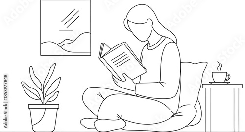 woman sitting on floor reading book with plant and coffee cup nearby in minimalist line art