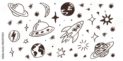 Hand draw brush space objects icons 