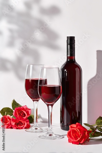 Elegant red wine bottle and glasses with roses on white surface