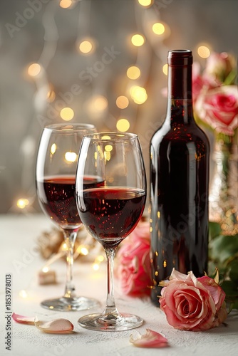 Elegant red wine glasses and bottle with floral arrangement and bokeh lights