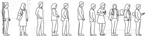 line drawing people standing in line waiting for service or queueing for check in or reception desk