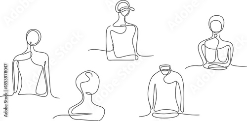 minimalist line drawings of people in various poses and outfits on white background
