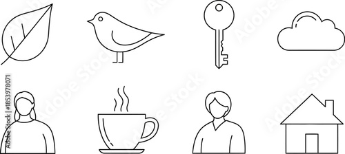 line art icons of everyday life objects and symbols in black and white