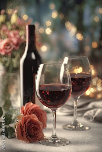 Elegant red wine glasses and bottle with floral arrangement for romantic evening