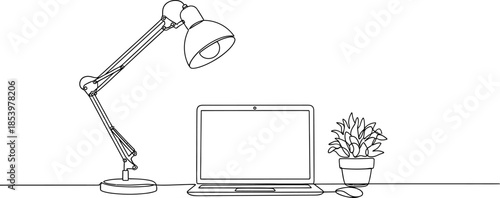 line drawing of a desk with a laptop computer and a plant next to a lamp