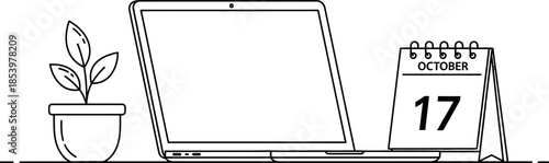 line drawing of laptop computer next to calendar and potted plant on desk